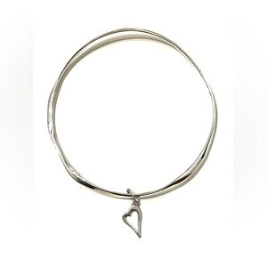 Sterling Silver 925 Heart Charm Twist Organic Bangle Bracelet